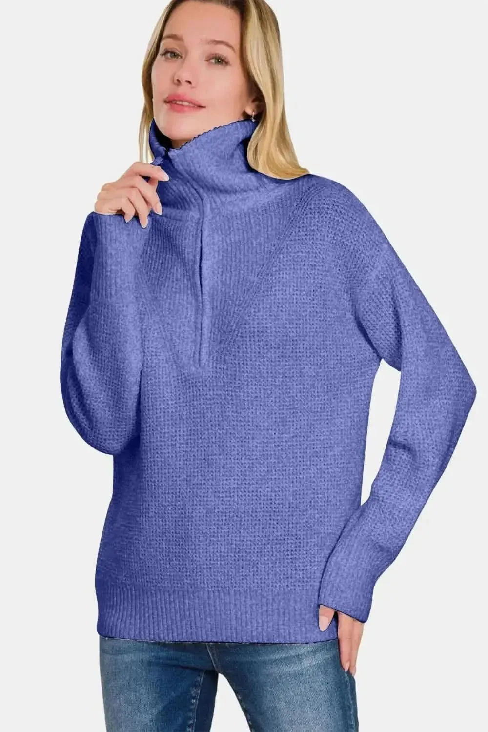 Zenana Half Zip Long Sleeve Sweater - Bad Moms Club