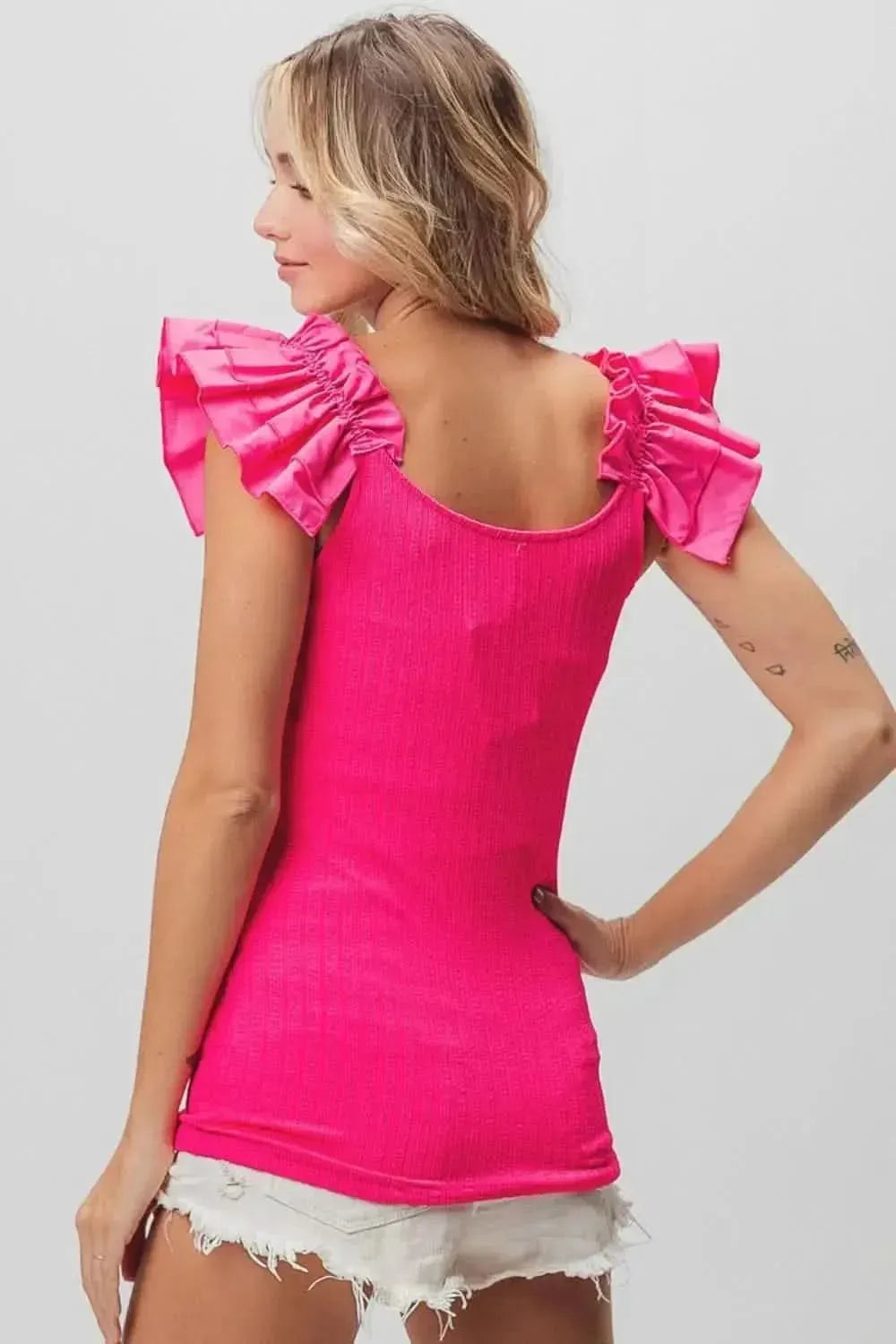 BiBi Ruffled Shoulder Strap Rib Texture Top - Bad Moms Club