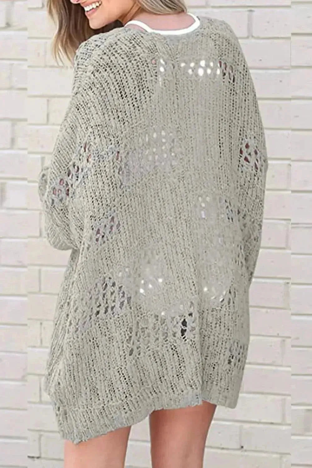 Openwork Open Front Long Sleeve Cardigan - Bad Moms Club