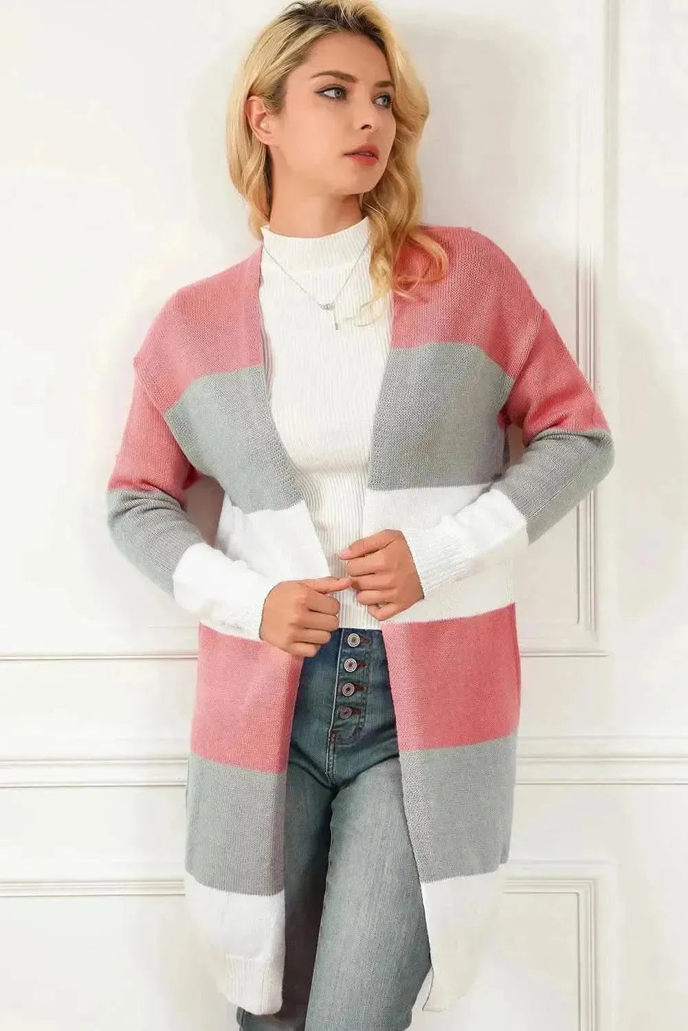 Striped Open Front Long Sleeve Cardigan - Bad Moms Club