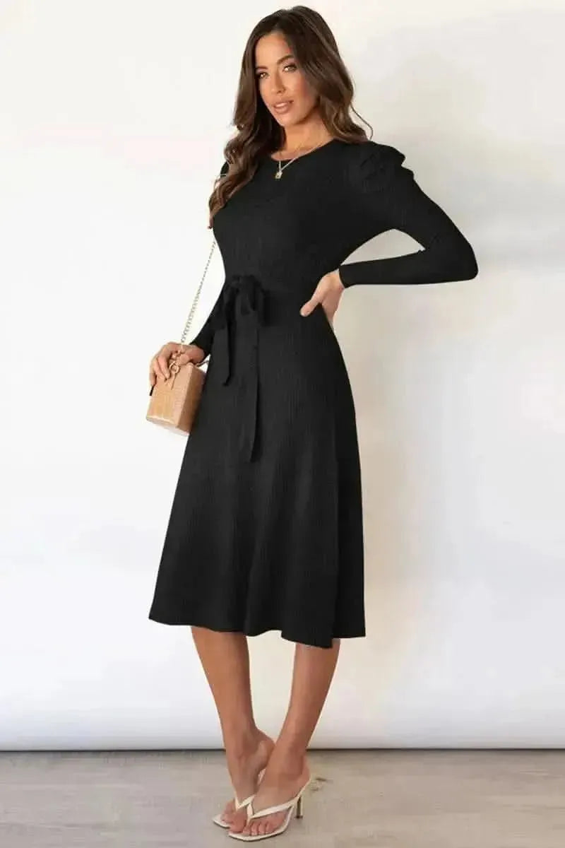 Round Neck Long Sleeve Tie Waist Sweater Dress - Bad Moms Club