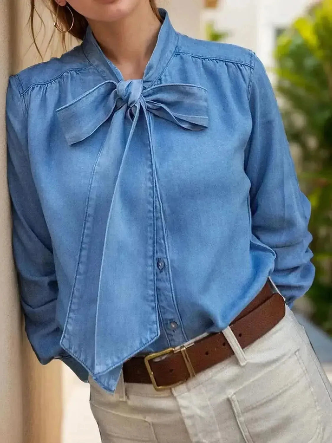 MeiMei Tie Neck Long Sleeve Denim Top - Bad Moms Club