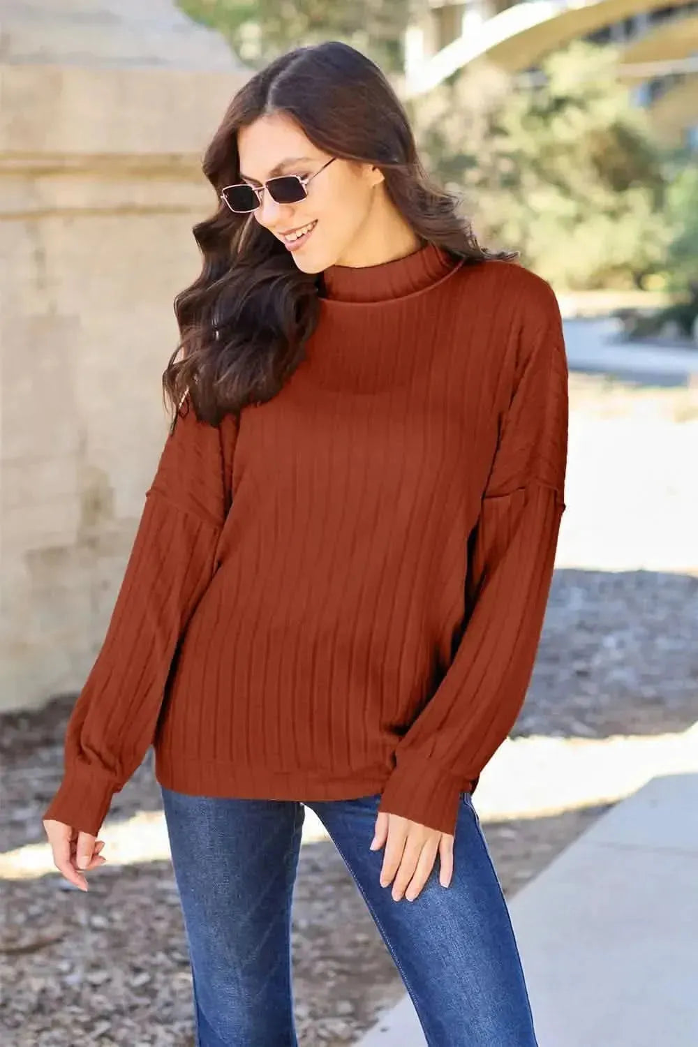 Basic Bae Full Size Ribbed Exposed Seam Mock Neck Knit Top - Bad Moms Club
