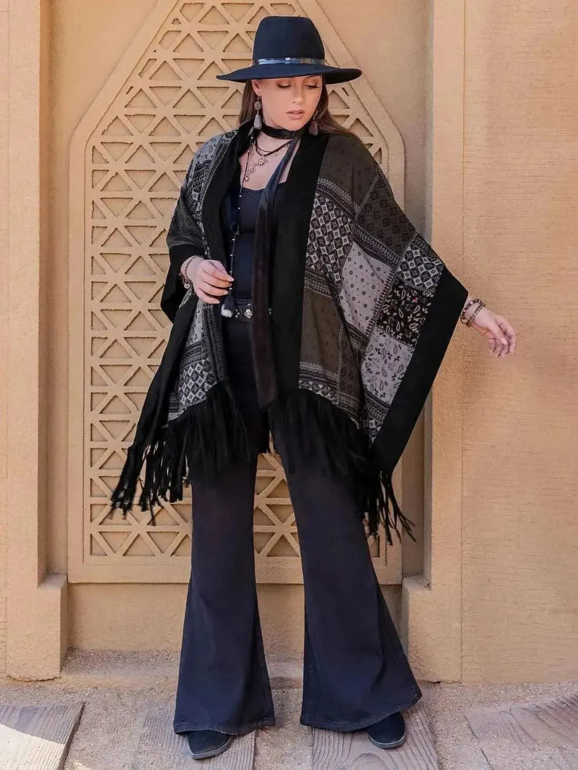 Plus Size Printed Fringe Open Front Outerwear - Bad Moms Club