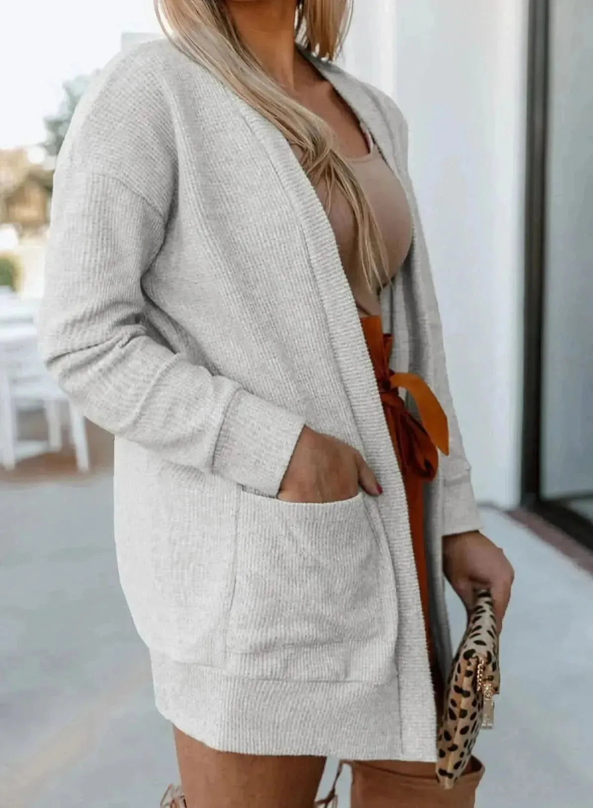 Plus Size Ribbed Open Front Long Sleeve Cardigan with Pockets - Bad Moms Club