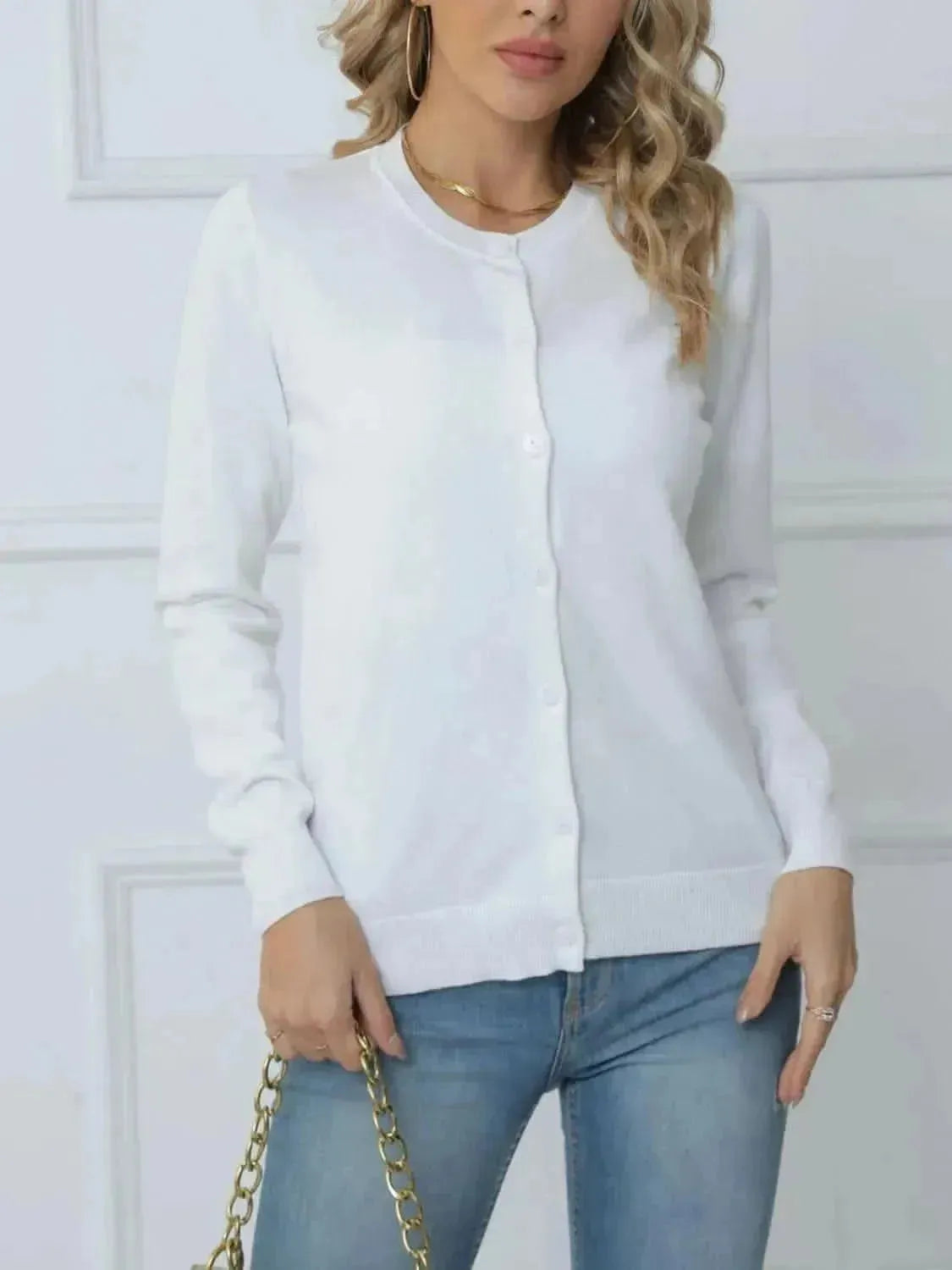 Button Down Round Neck Cardigan - Bad Moms Club