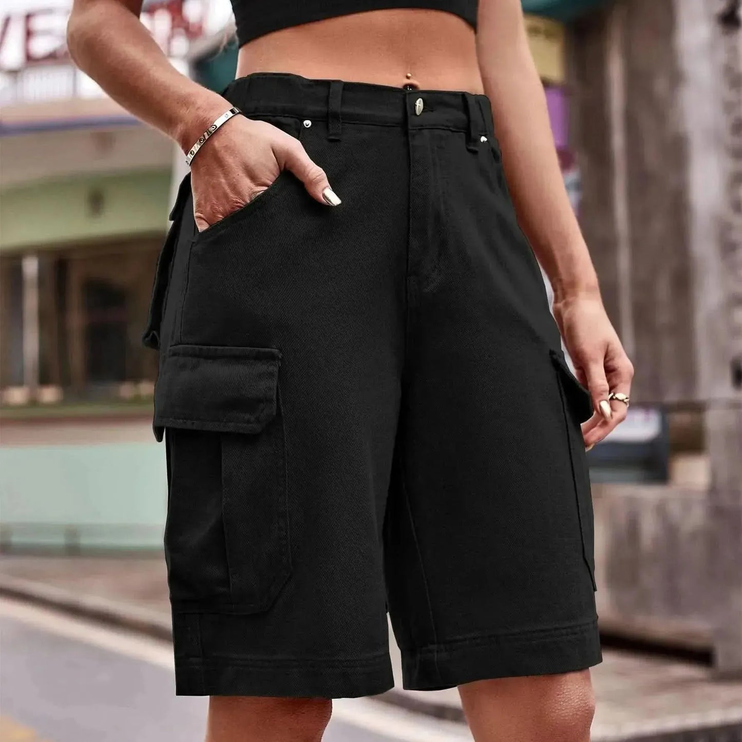 Denim Cargo Shorts with Pockets - Bad Moms Club