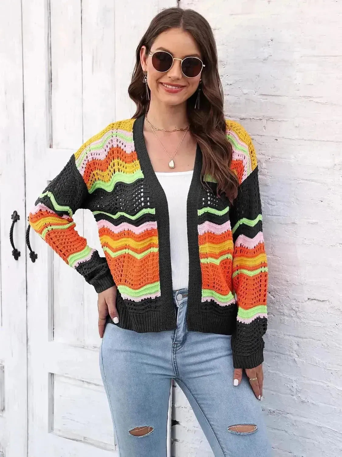 Open Front Openwork Cardigan - Bad Moms Club