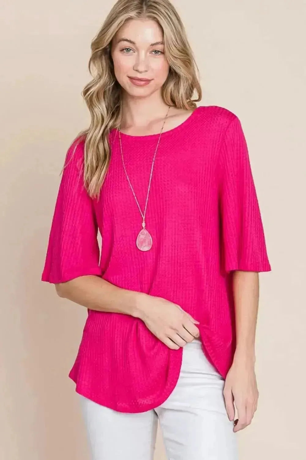BOMBOM Round Neck Waffle Knit T-Shirt - Bad Moms Club