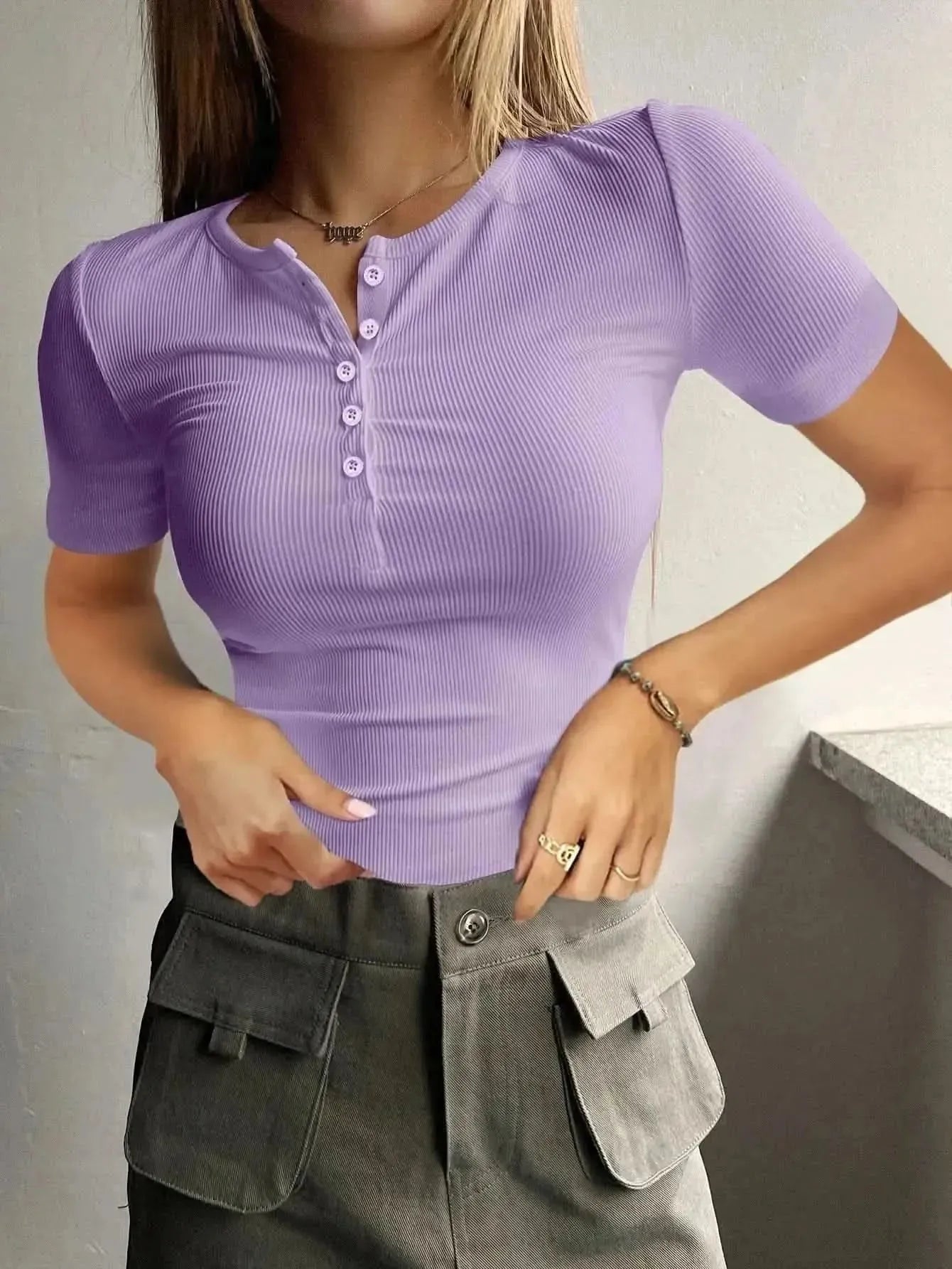 Round Neck Quarter Button Short Sleeve Top - Bad Moms Club