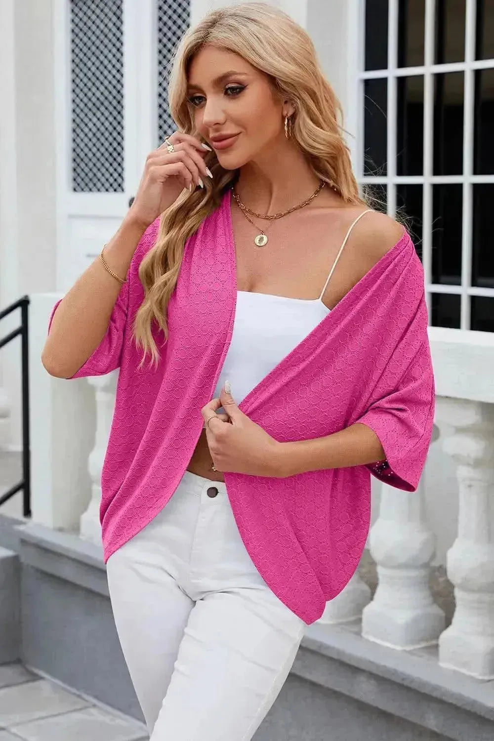 Eyelet Open Front Half Sleeve Cardigan - Bad Moms Club