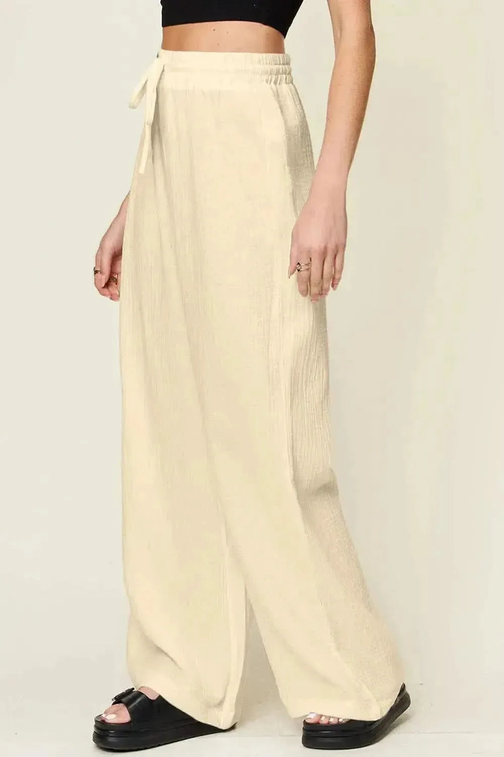 Double Take Full Size Texture Drawstring Wide Leg Pants - Bad Moms Club