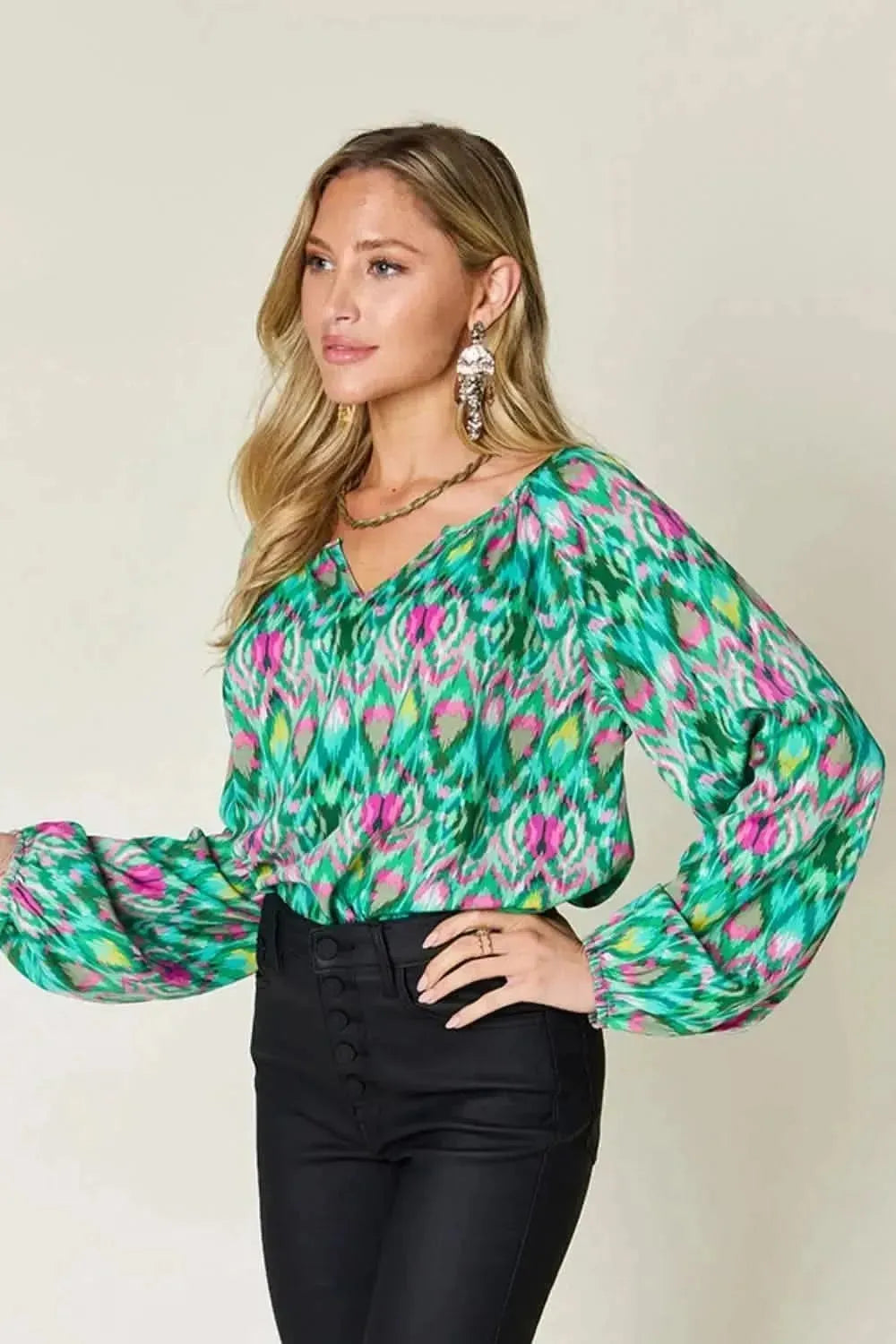 Double Take Full Size Printed Balloon Sleeve Blouse - Bad Moms Club