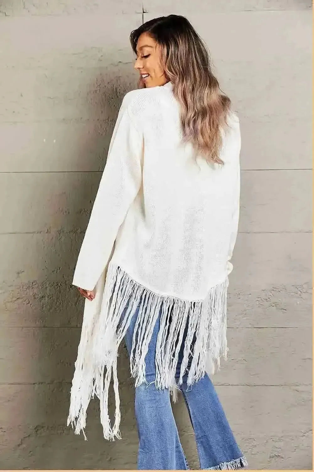 Fringe Hem Open Front Ribbed Trim Cardigan - Bad Moms Club