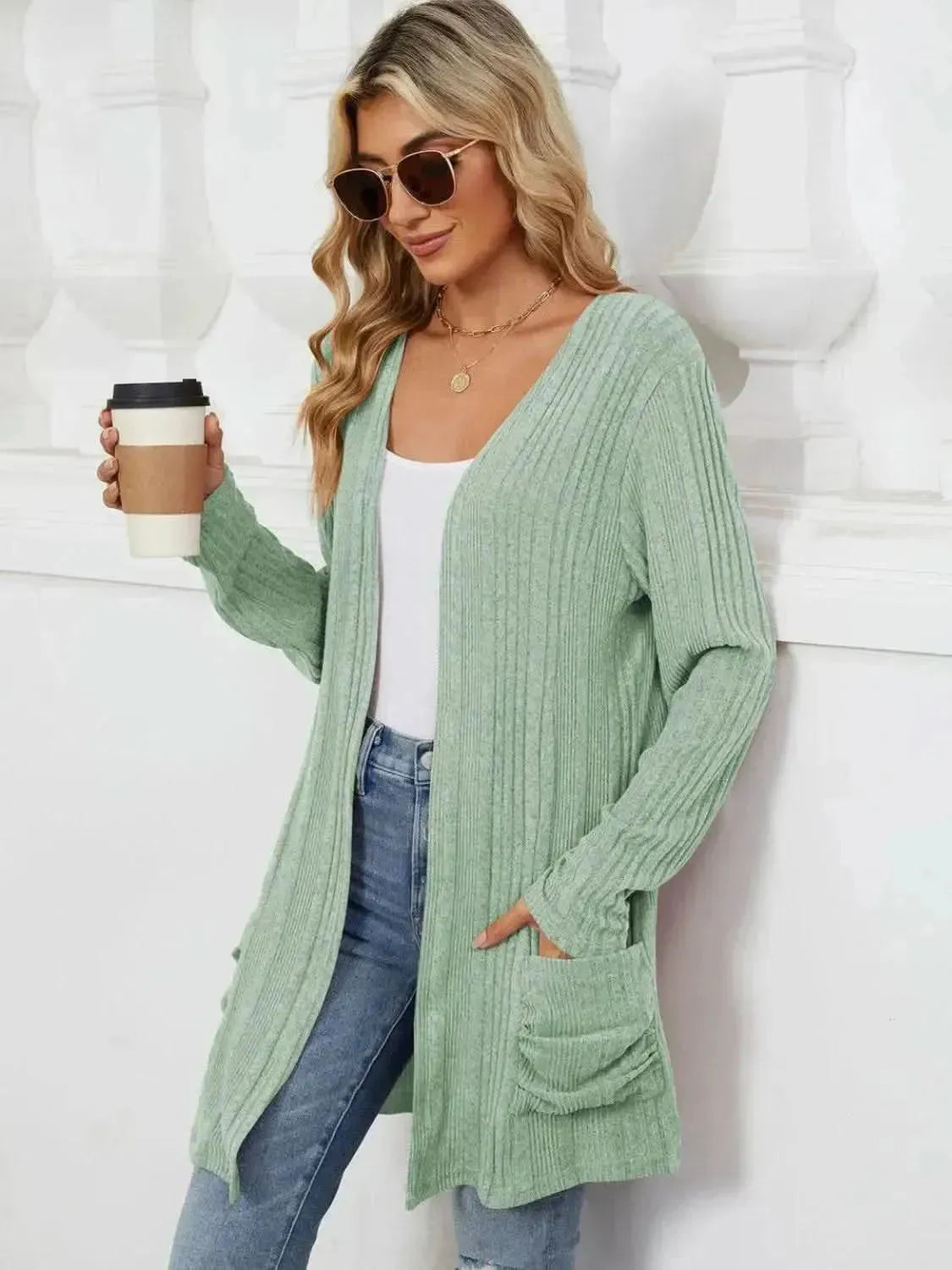 Pocketed Open Front Long Sleeve Cardigan - Bad Moms Club