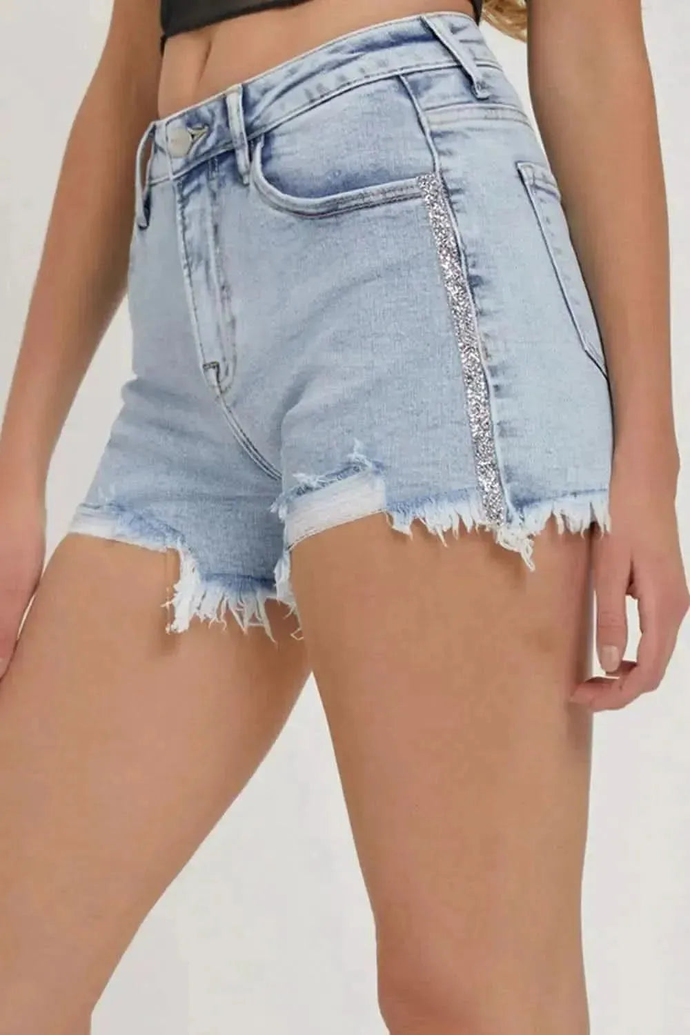 RISEN Full Size High Rise Rhinestone Strap Embellished Denim Shorts - Bad Moms Club