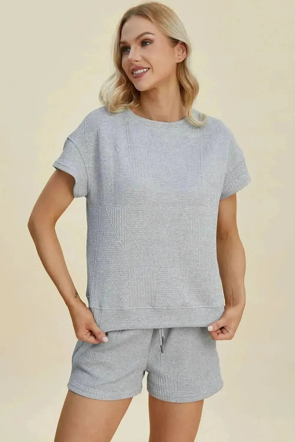 Double Take Full Size Texture Short Sleeve Top and Shorts Set - Bad Moms Club