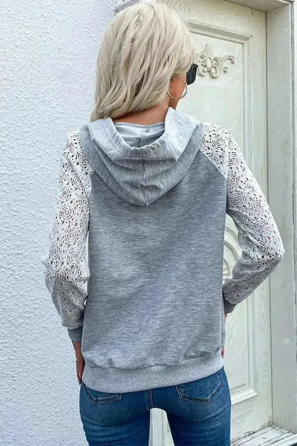 Perfee Lace Raglan Sleeve Drawstring Hoodie - Bad Moms Club