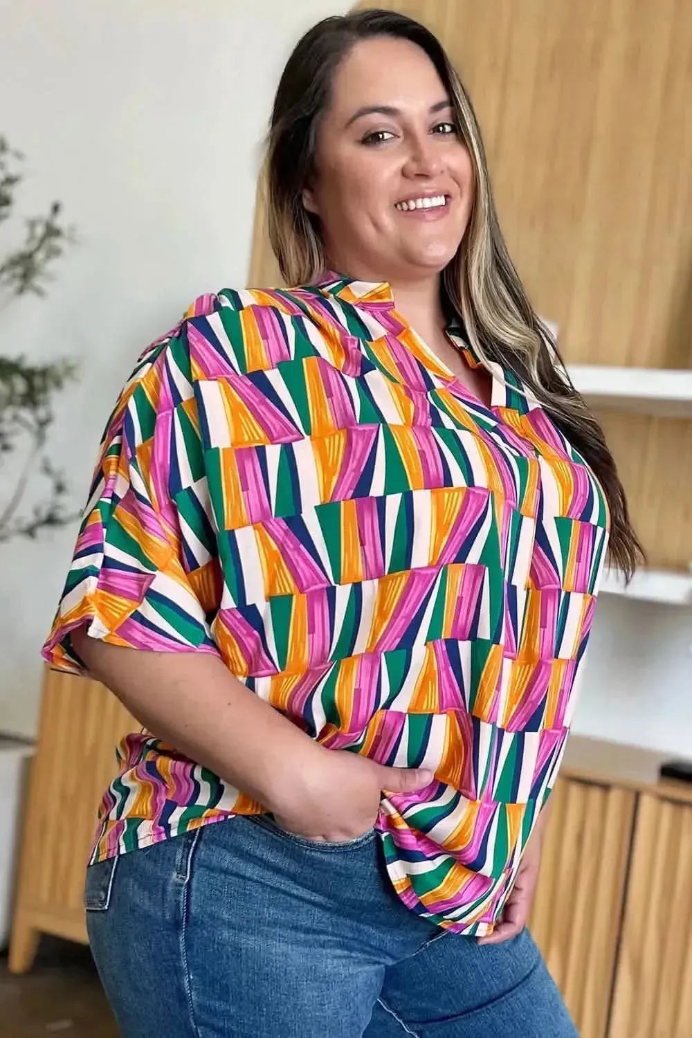 Double Take Full Size Geometric Notched Dolman Sleeve Top - Bad Moms Club