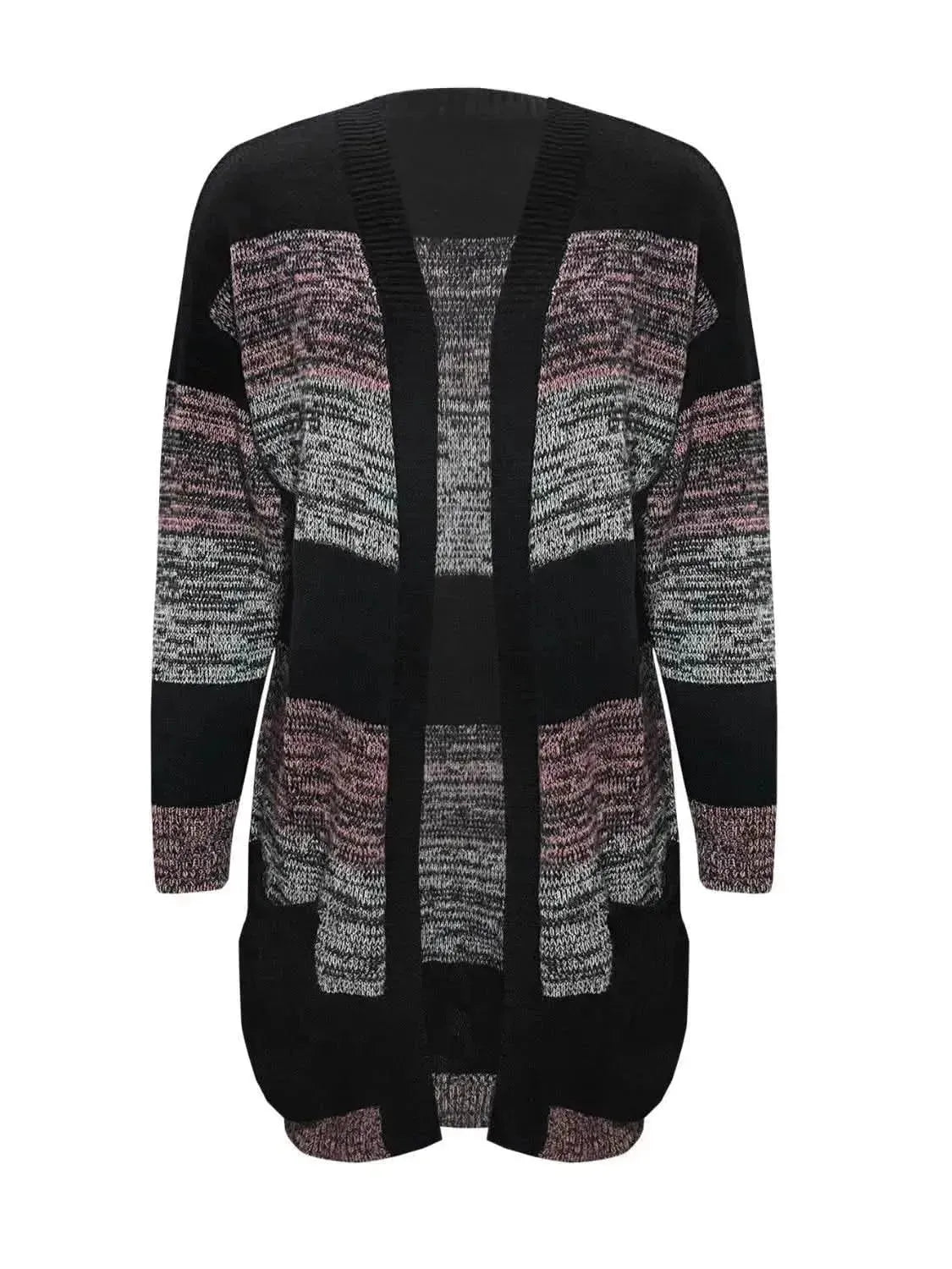 Striped Open Front Long Sleeve Cardigan with Pockets - Bad Moms Club