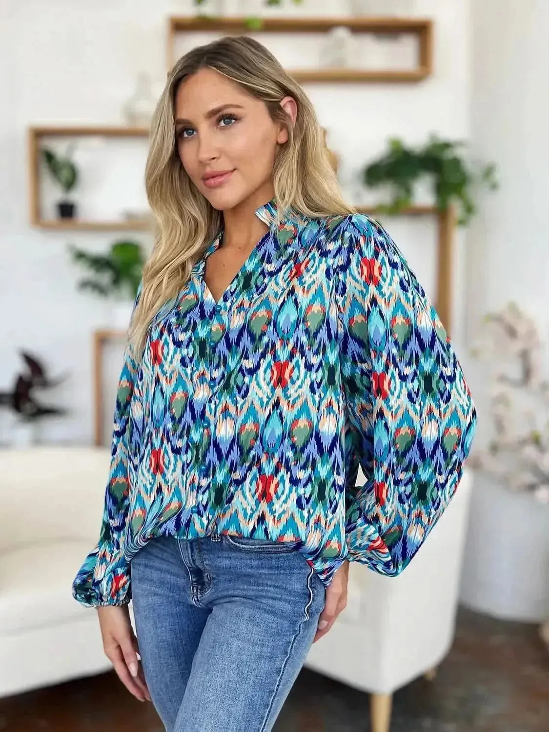 Double Take Full Size Printed Balloon Sleeve Blouse - Bad Moms Club