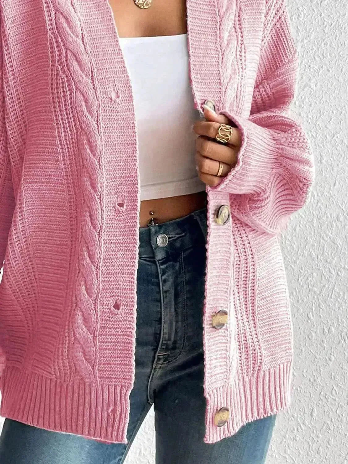 Cable-Knit Button Down Cardigan - Bad Moms Club