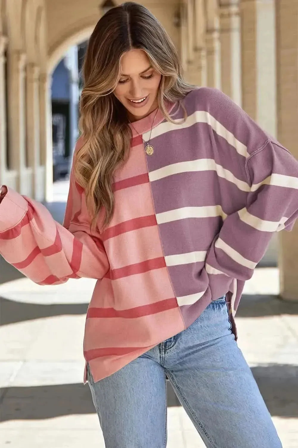 Striped Round Neck Long Sleeve Knit Top - Bad Moms Club