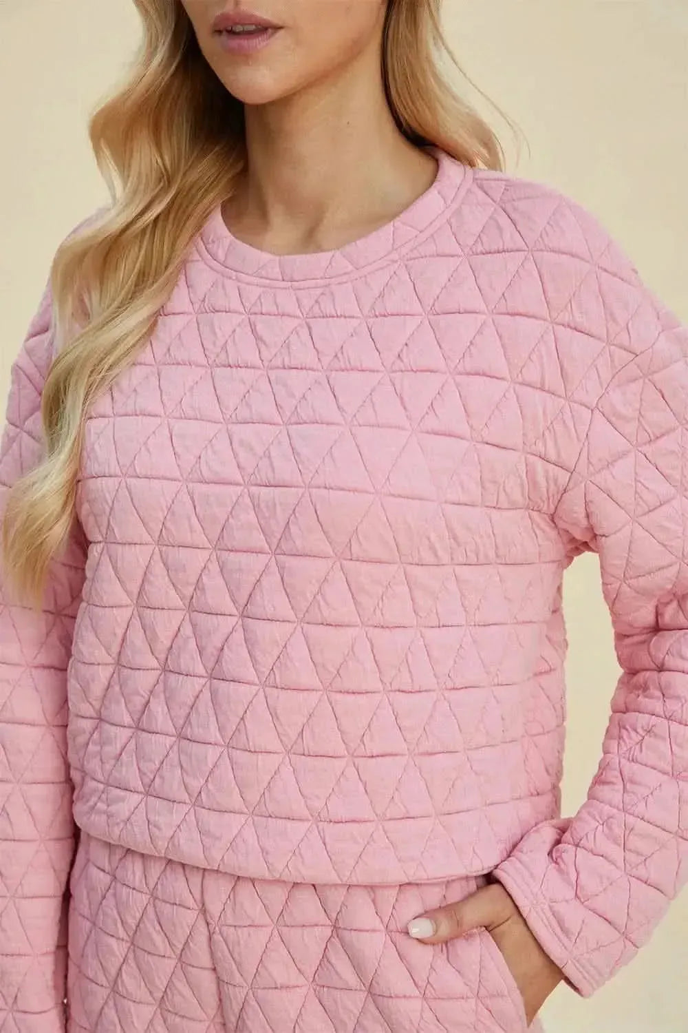 Double Take Full Size Texture Round Neck Long Sleeve Top and Shorts Set - Bad Moms Club