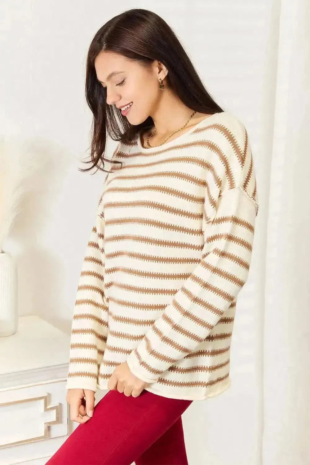 Double Take Striped Boat Neck Sweater - Bad Moms Club