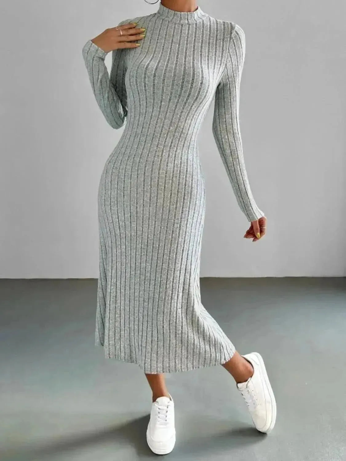 Ribbed Mock Neck Long Sleeve Midi Sweater Dress - Bad Moms Club