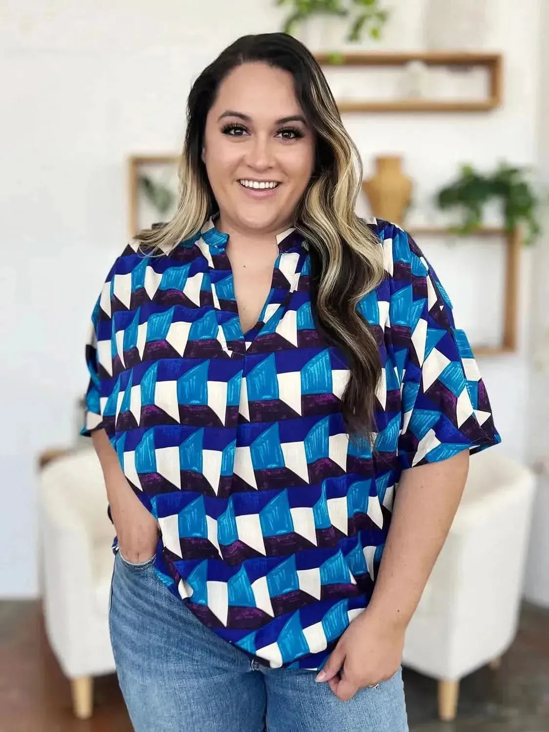 Double Take Full Size Geometric Notched Half Sleeve Blouse - Bad Moms Club