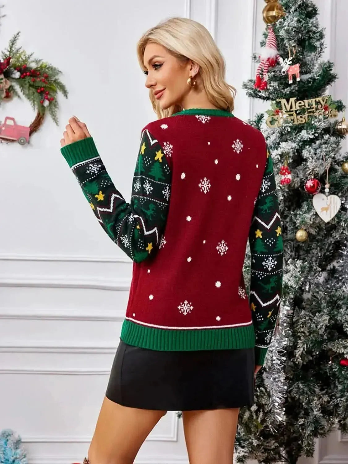 Christmas Element Round Neck Long Sleeve Sweater - Bad Moms Club