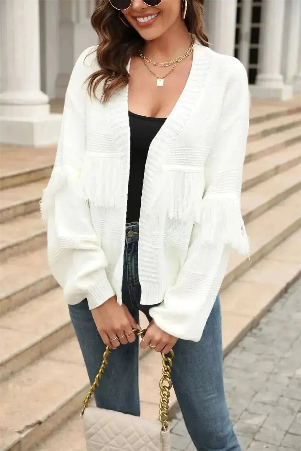 Fringe Trim Open Front Cardigan - Bad Moms Club