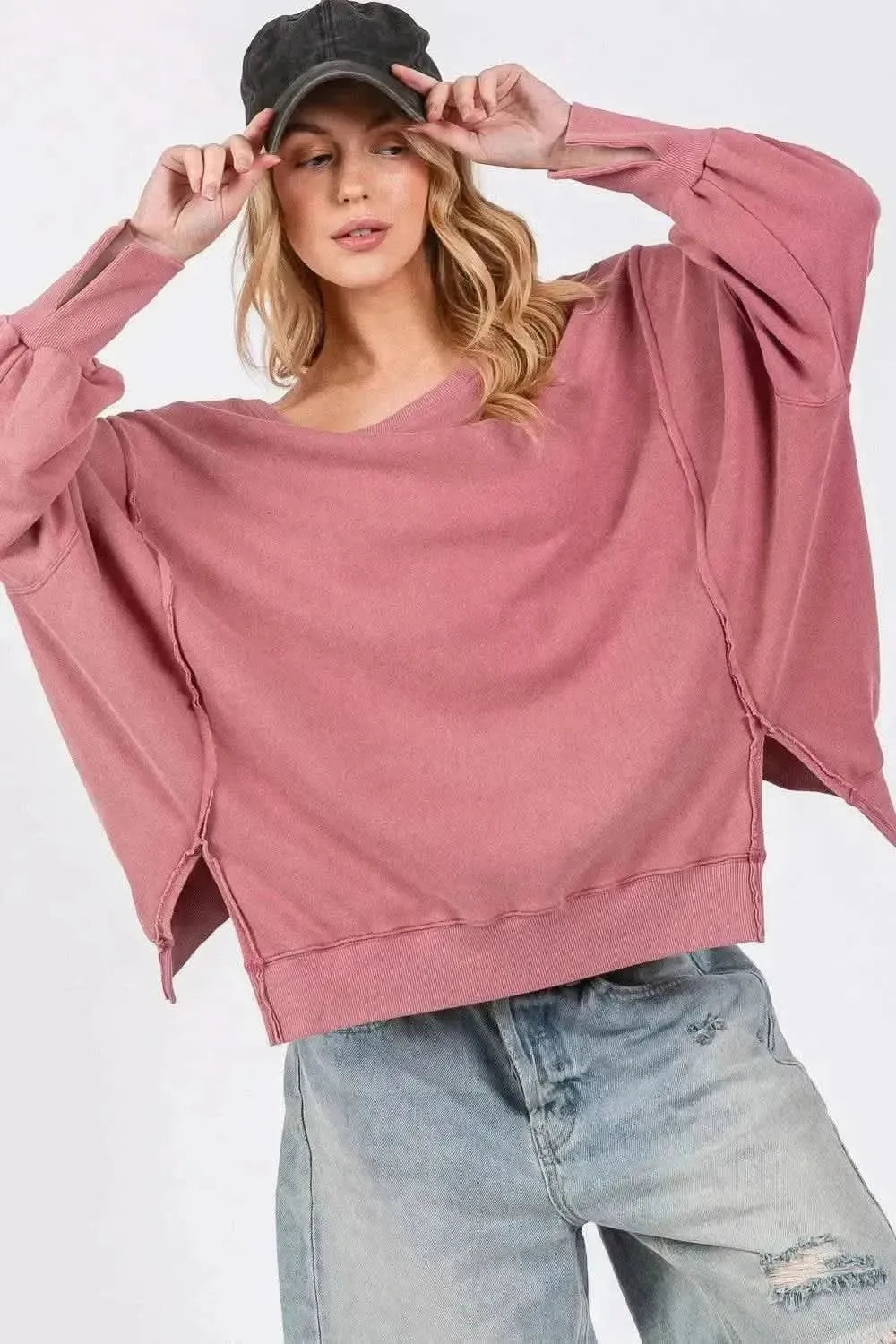 SAGE + FIG Mineral Wash Side Slit Oversized Sweatshirt - Bad Moms Club