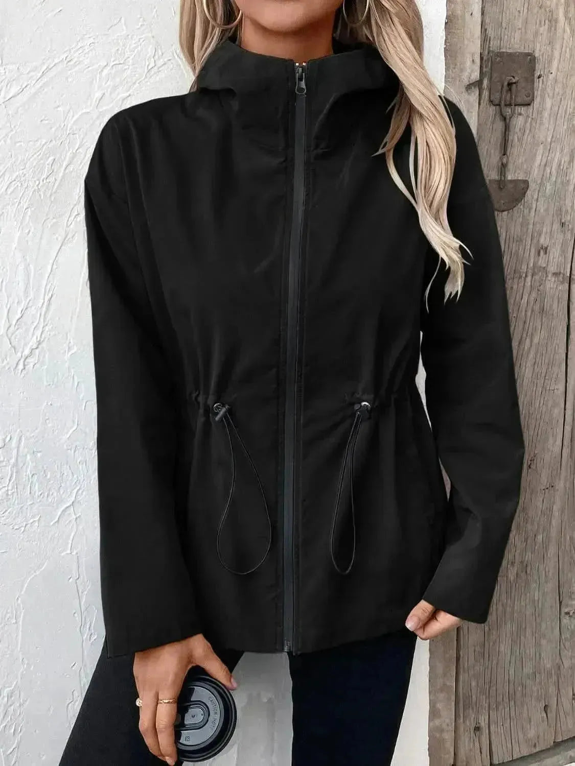 Drawstring Zip Up Hooded Jacket - Bad Moms Club
