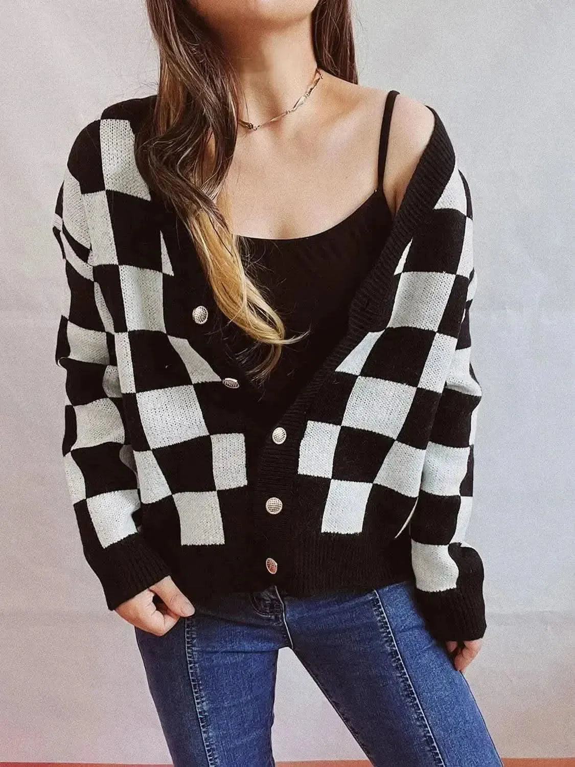 Checkered Open Front Button Up Cardigan - Bad Moms Club