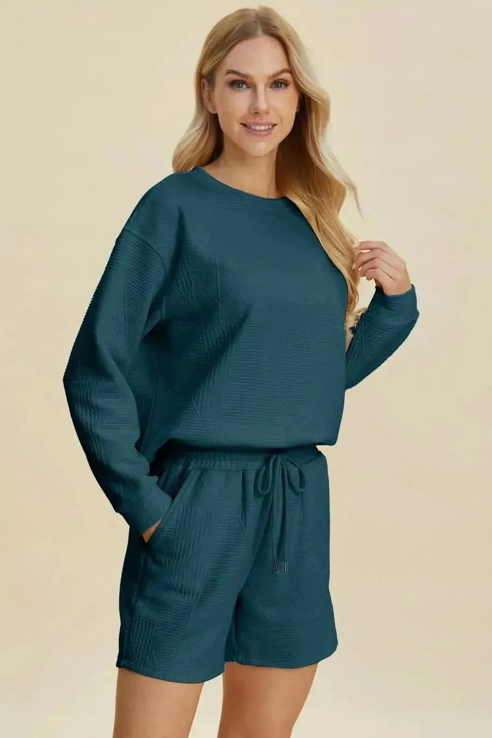 Double Take Full Size Texture Round Neck Long Sleeve Top and Shorts Set - Bad Moms Club