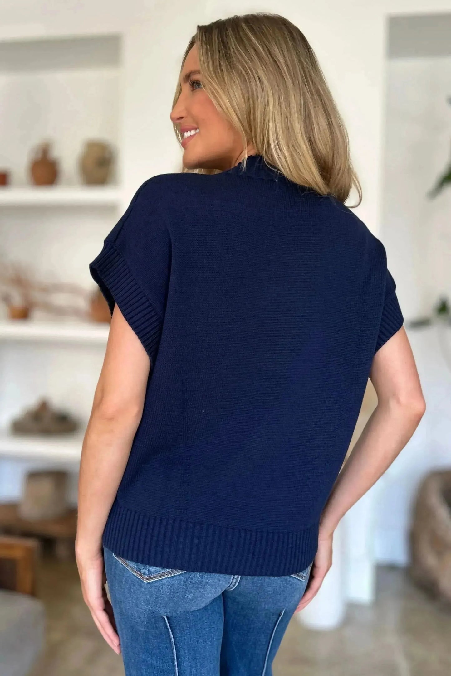 Double Take Full Size Mock Neck Short Sleeve Sweater - Bad Moms Club