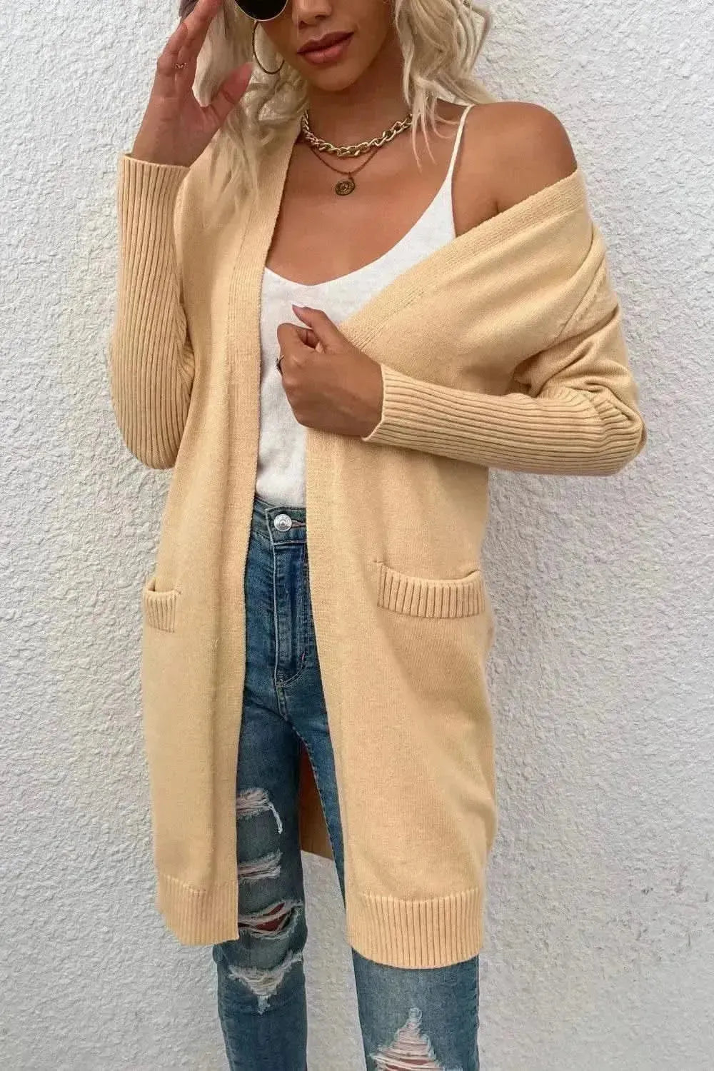 Open Front Long Sleeve Cardigan with Pockets - Bad Moms Club