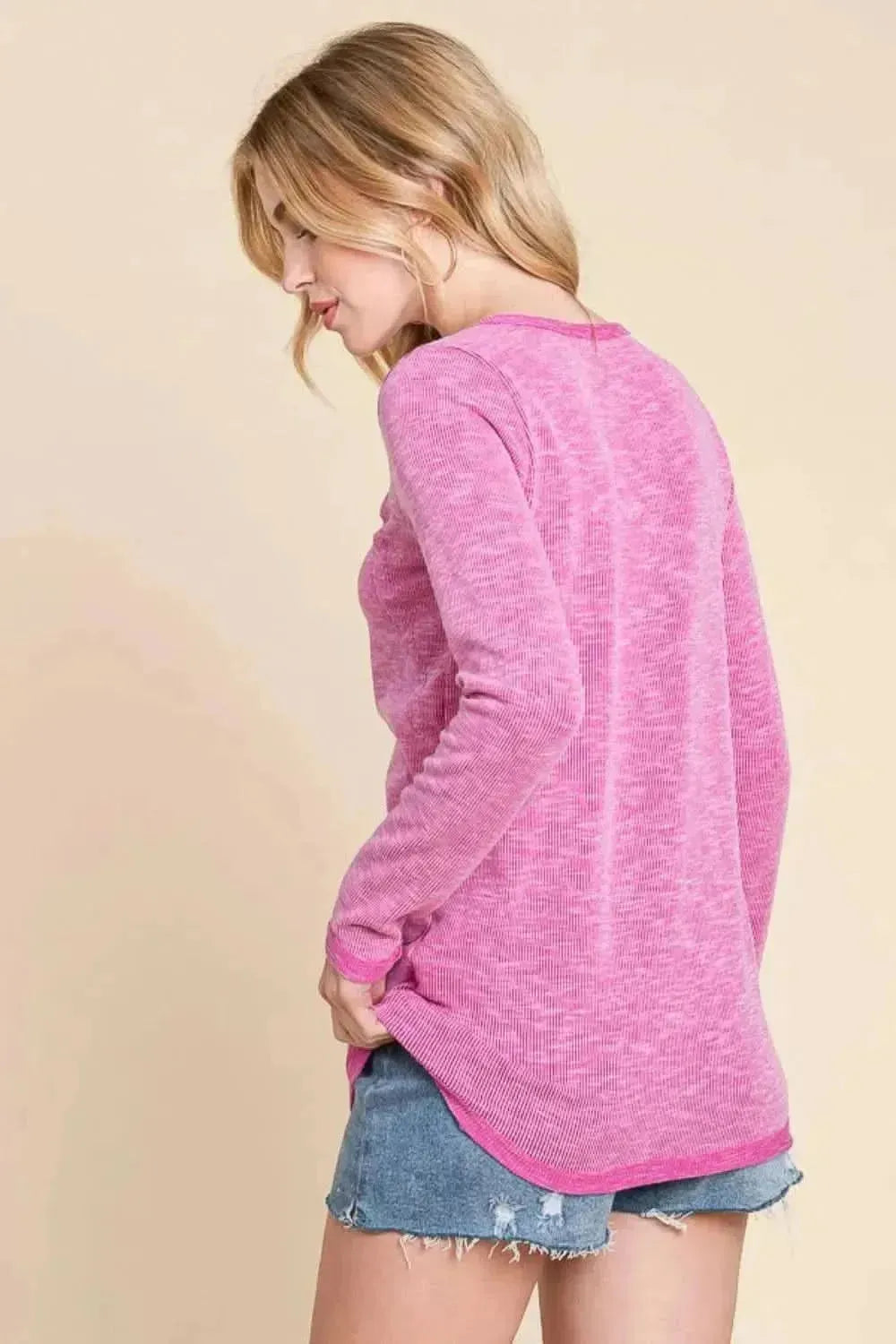 Reborn J Contrast Trim Half Button Long Sleeve T-Shirt - Bad Moms Club