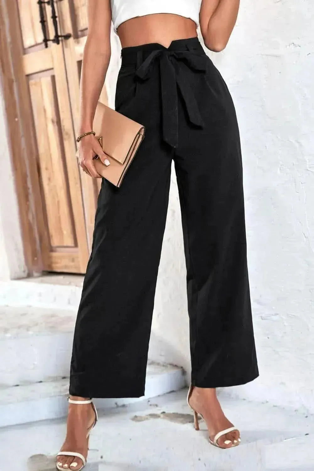 Perfee Belted High-Rise Wide Leg Pants - Bad Moms Club
