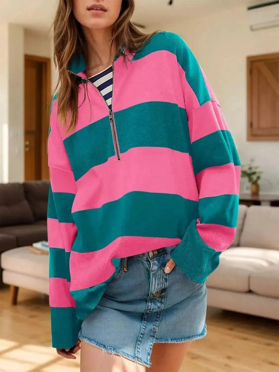 Color Block Half Zip Long Sleeve Sweater - Bad Moms Club