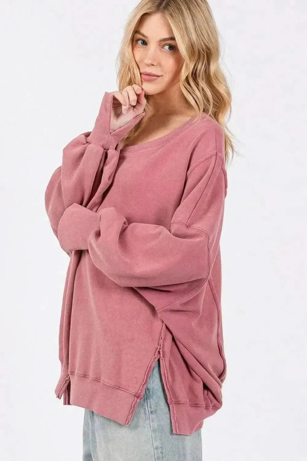 SAGE + FIG Mineral Wash Side Slit Oversized Sweatshirt - Bad Moms Club