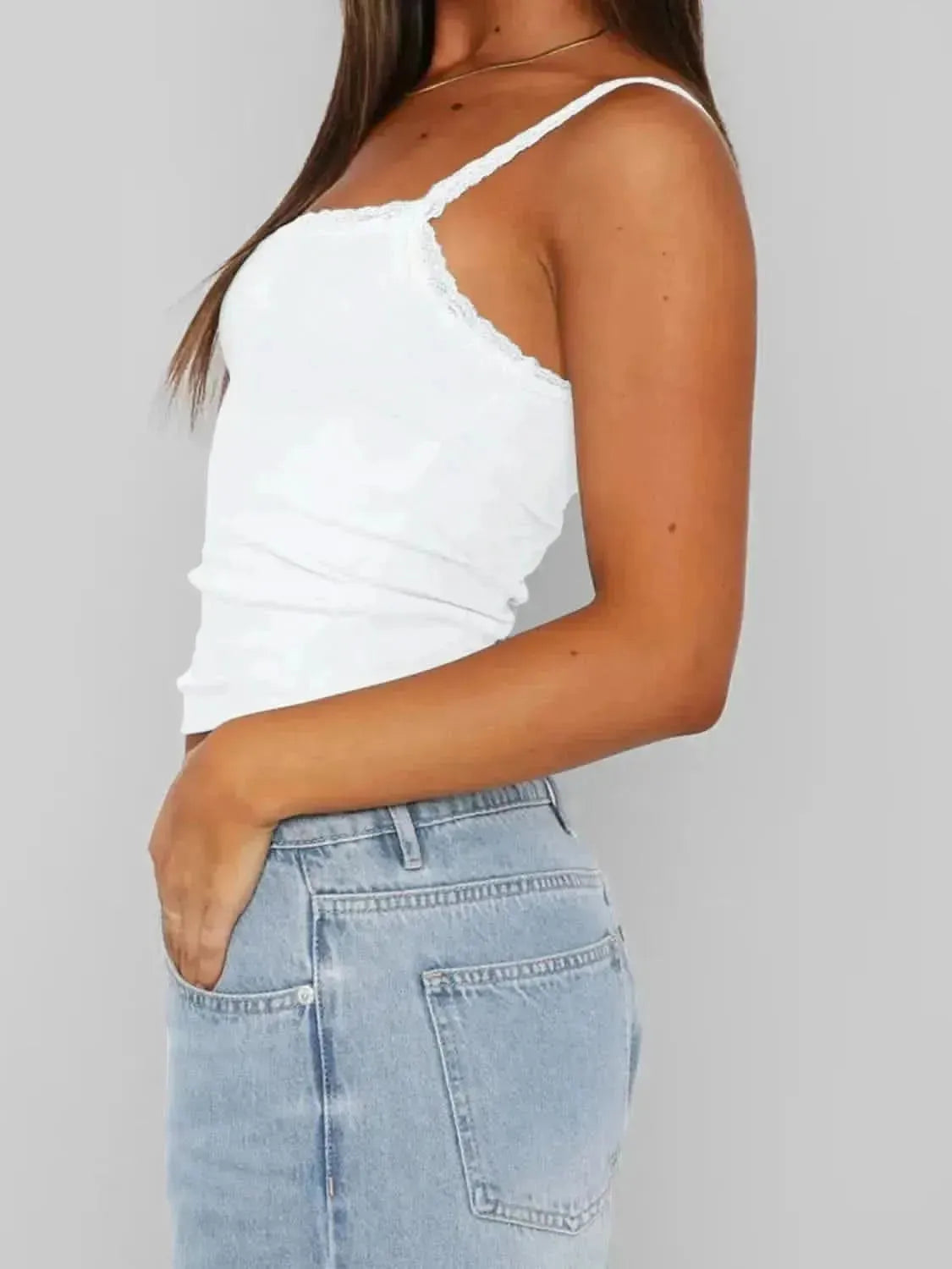 Lace Trim Straight Neck Cami - Bad Moms Club