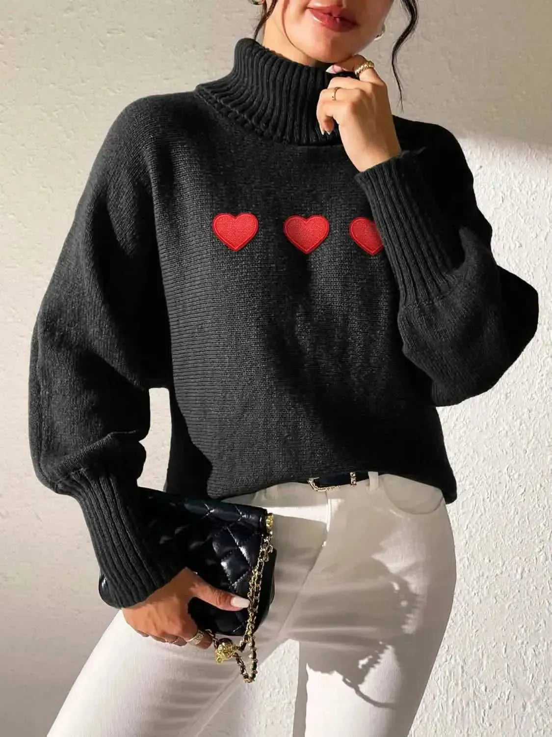 Heart Turtleneck Long Sleeve Sweater - Bad Moms Club