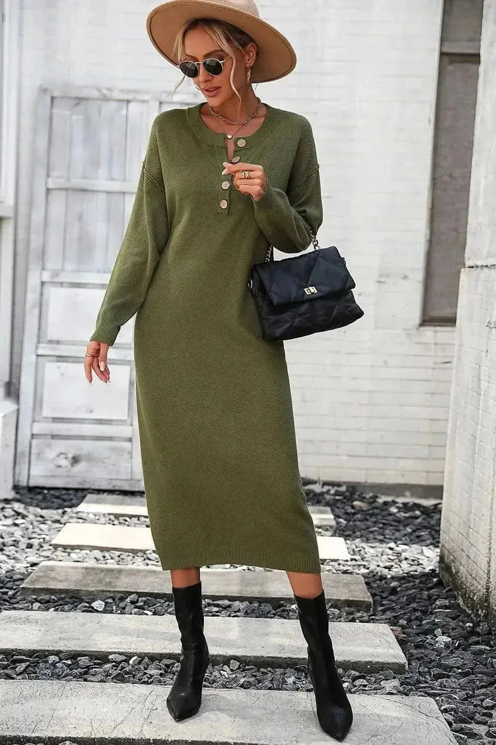 Decorative Button Notched Dropped Shoulder Sweater Dress - Bad Moms Club