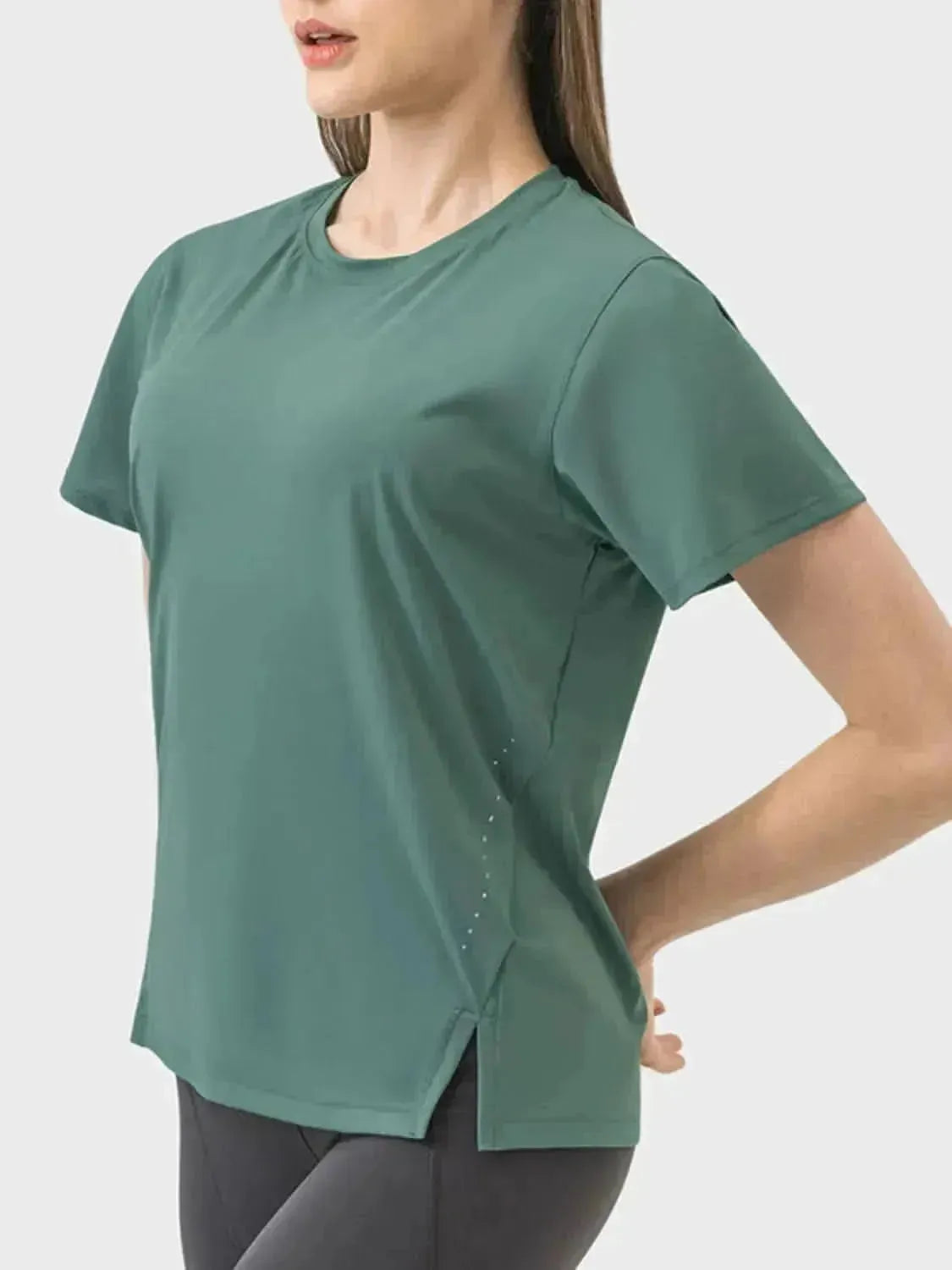 Slit Round Neck Short Sleeve Active T-Shirt - Bad Moms Club