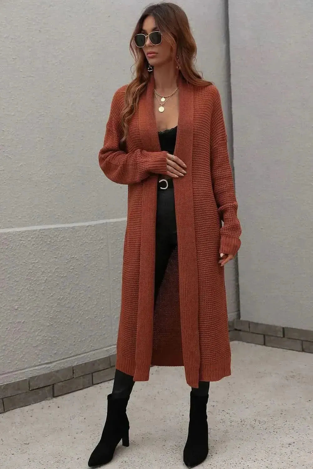 Waffle Knit Open Front Duster Cardigan With Pockets - Bad Moms Club