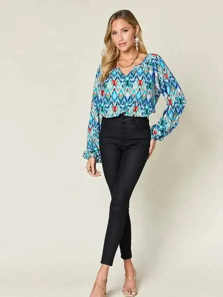 Double Take Full Size Printed Balloon Sleeve Blouse - Bad Moms Club