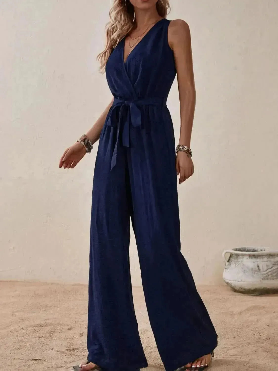 Honey Tied Surplice Sleeveless Wide Leg Jumpsuit - Bad Moms Club